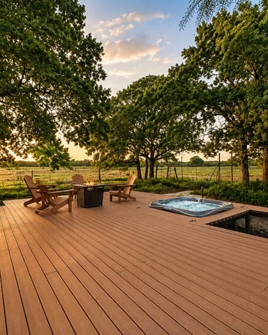 Cassiopeia glamping pod with hot tub and string lights at sunset